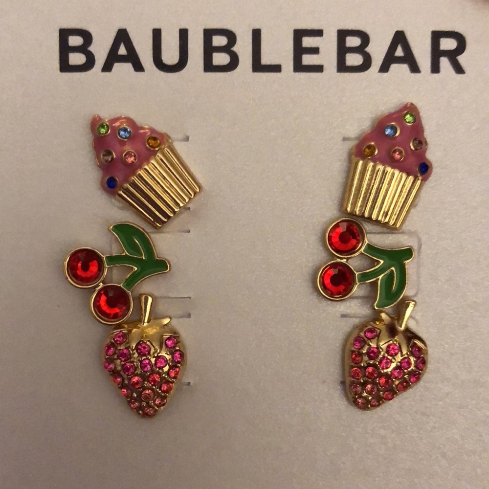 Baublebar Gold Tone 3 Pair Stud Earring Set Cupcake, Cherry & Strawberry NEW